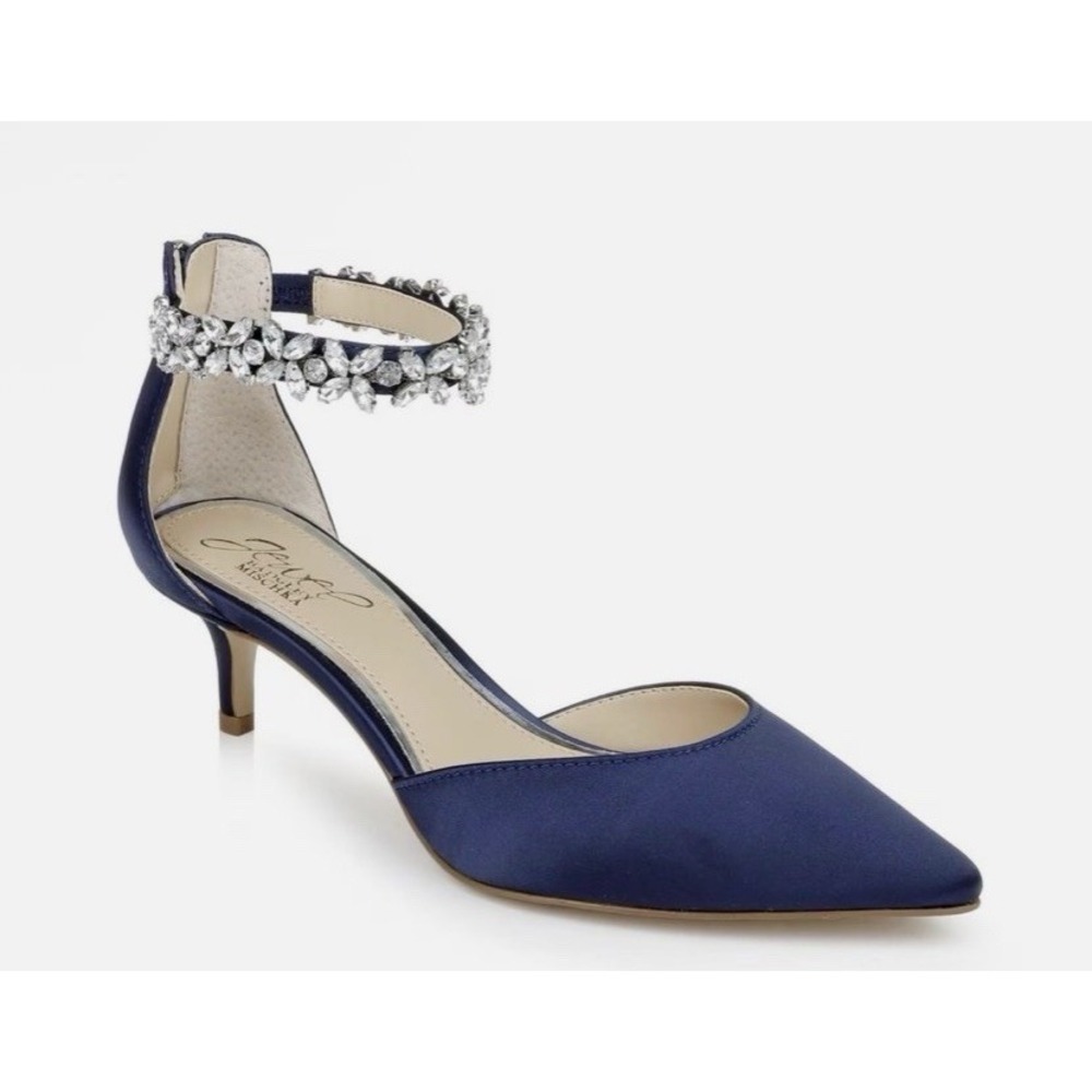 Jewel Badgley Mischka Robles Kitten Heel Evening Pumps Navy Satin Size 7